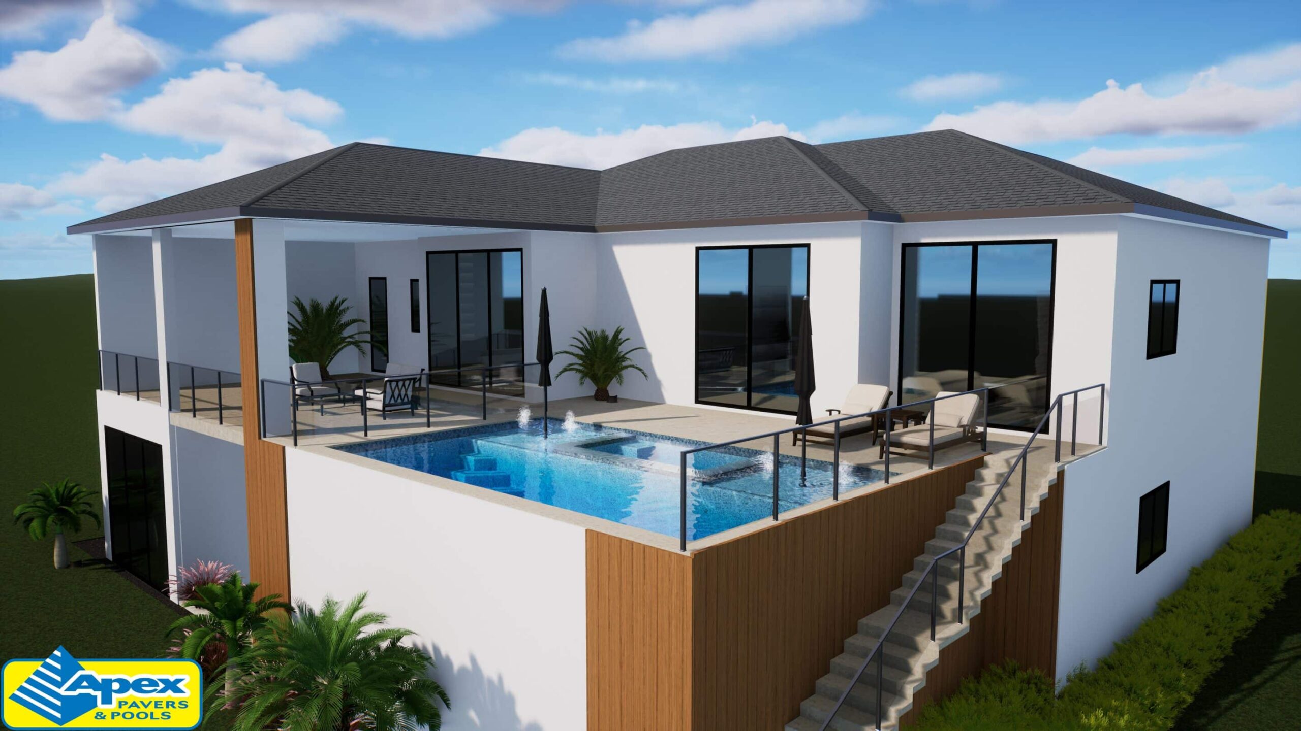 Second story rectangular patio pool with spillover spa and fountains.